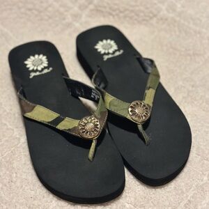 Yellow Box Black and Green Sandals with Decorative Straps